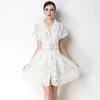 Elegant Lace Embroidery Hollow-out Mini Dress for Women Lapel High Waist A-Line Short Sleeve Single Belt Short Dress Summer
