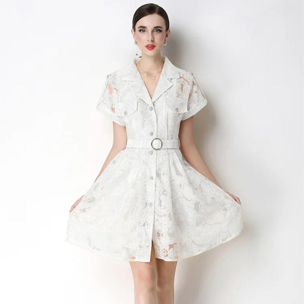 Elegant Lace Embroidery Hollow-out Mini Dress for Women Lapel High Waist A-Line Short Sleeve Single Belt Short Dress Summer