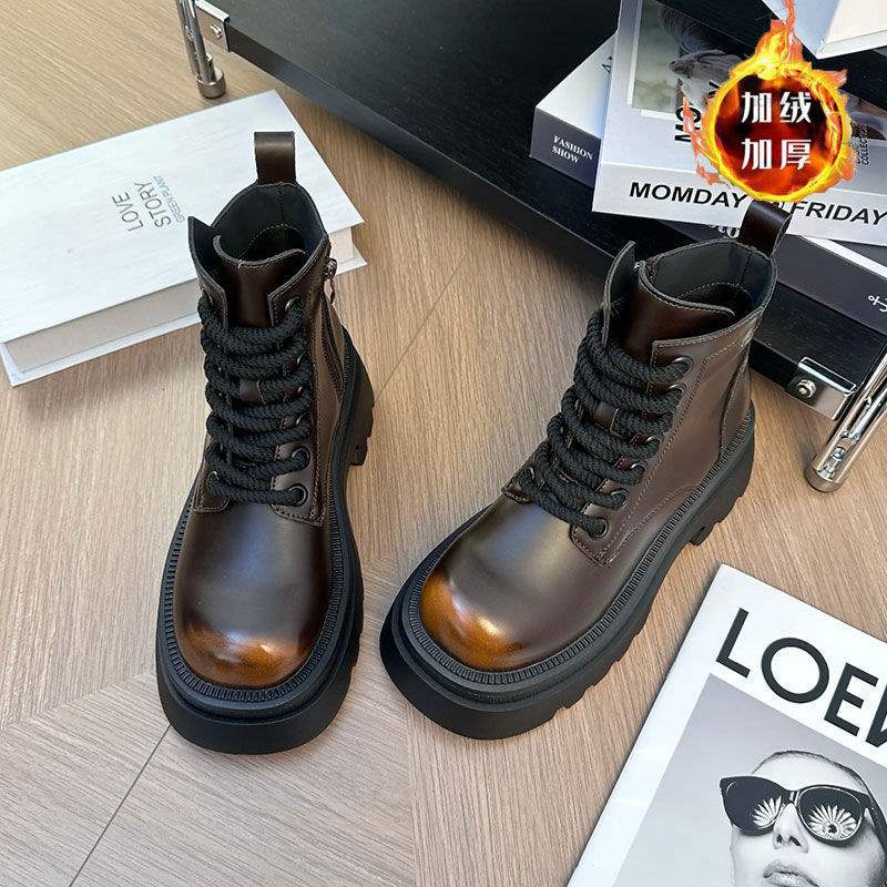 Thin Martin Boots Women's British Style 2025 Autumn and Winter New Thick-soled Heightening Single Boots High-top Versatile Short Boots Casual