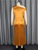 Brown Asymmetrical Neck Off Shoulder Slim Fit Stain Dress with 3D Flower Ruffles Elegant Women Party Dresses