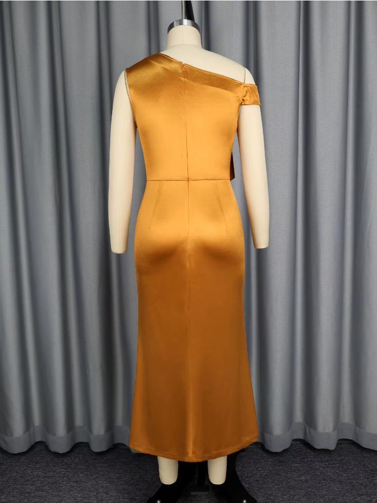 Brown Asymmetrical Neck Off Shoulder Slim Fit Stain Dress with 3D Flower Ruffles Elegant Women Party Dresses