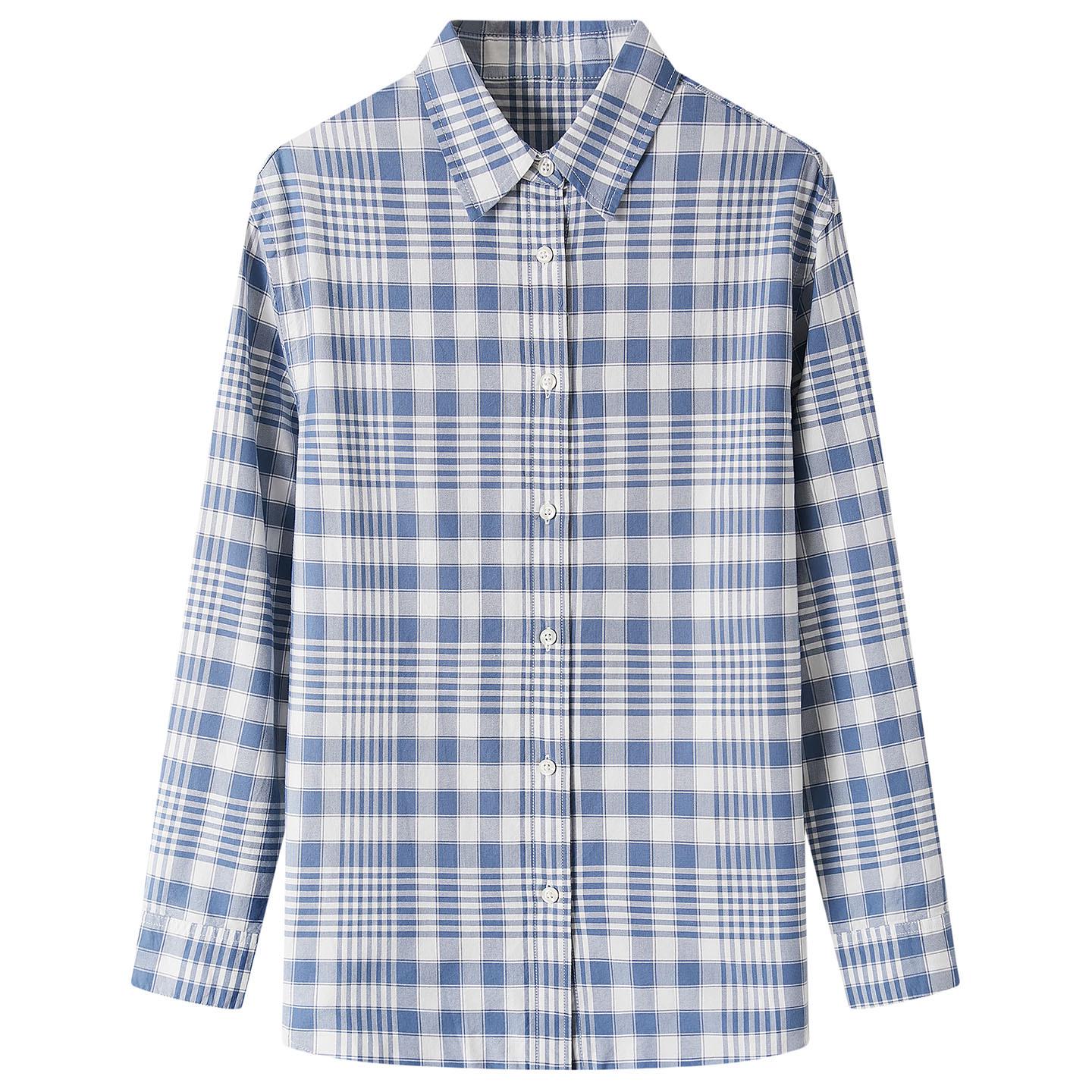 Women s Long Sleeve Plaid Shirt - Blue Cotton Cocoon, Mid-Length, 2026 Spring/Autumn Collection M