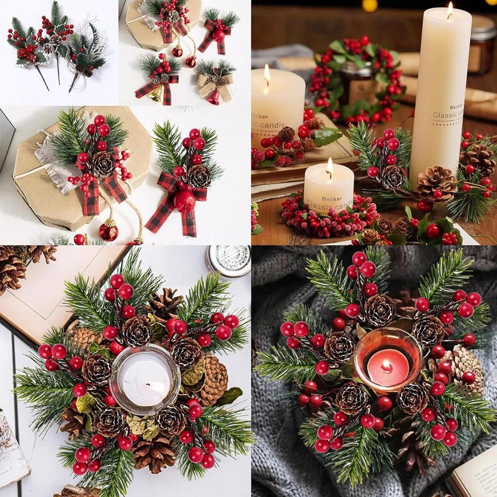 RONYOUNG 20PCS 4.5inch Red Berry Stems Pine Branches Evergreen Berries Décor Artificial Pine Cones Branch for Christmas Craft Wreath Pick & Winter