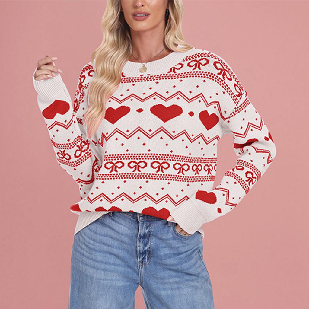 Damen Modischer Rundhals Langarm Pullover in Herzform, Kontrastfarbiger Pullover, Pullover-Top