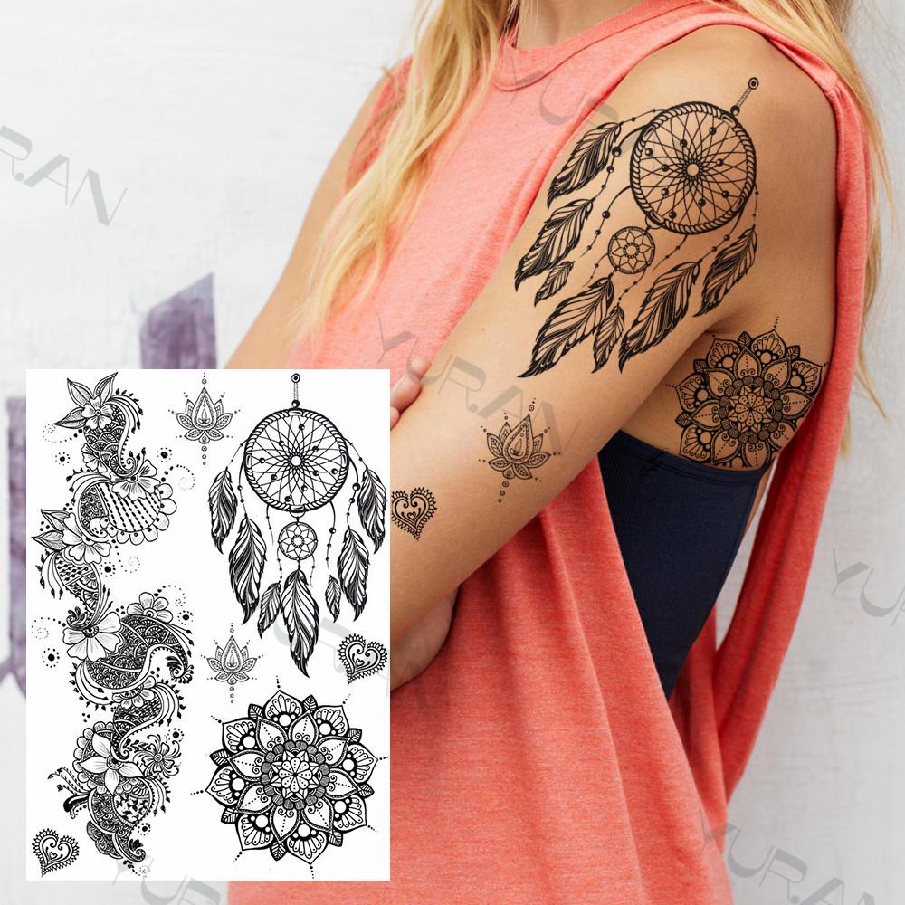 YURAN Women Girl Big Arm Owl Fake Tattoo Temporary Henna India Tatoo Stickers Custom Mandala Flower Black Turtle Tattoos Lace