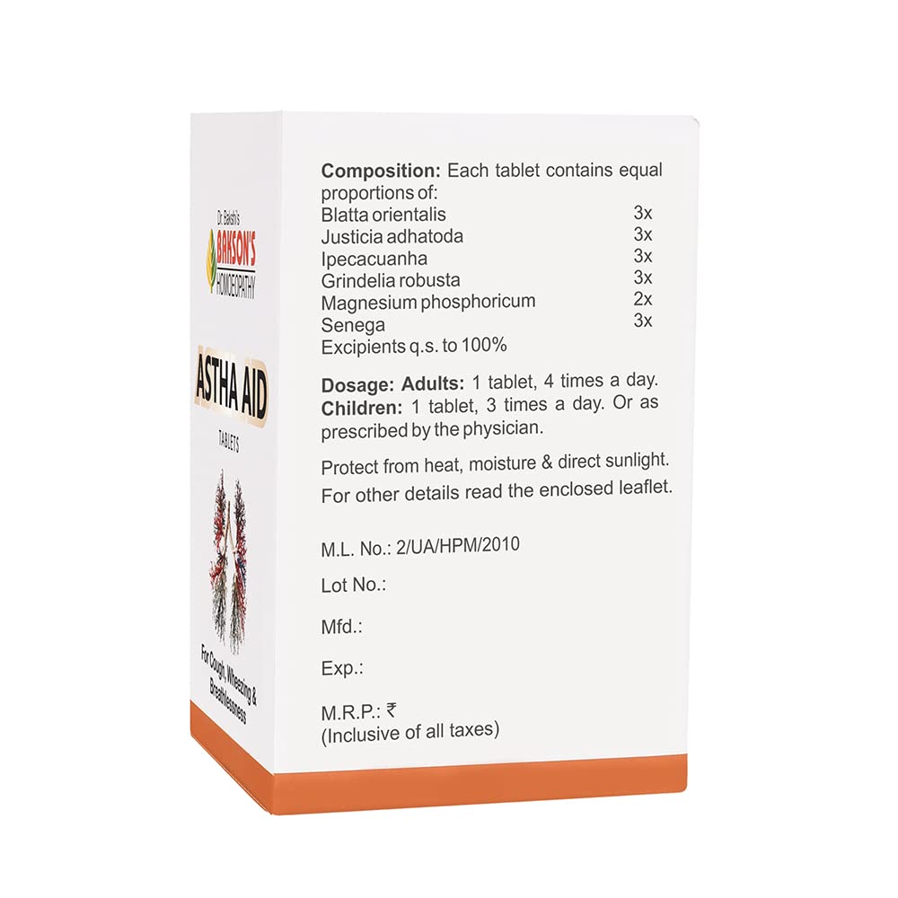 Dr Bakshis Baksons Astha Aid Tablets Respiratory Comfort Immune Support Homeopathic Formula 75 Count Daily Routine Care