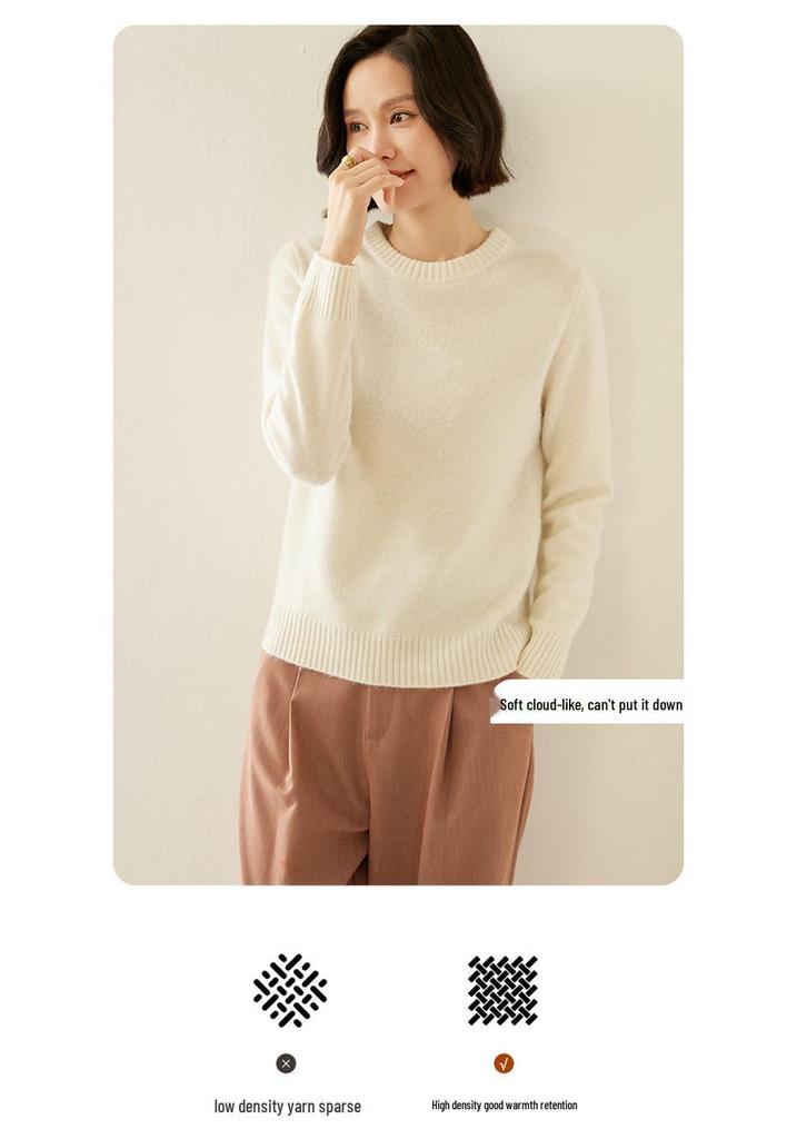 Women's Elegant Round Neck Cashmere Sweater - Autumn/Winter 2026 Collection, Solid Color, Loose Fit, Slimming Flat Knit Base Layer