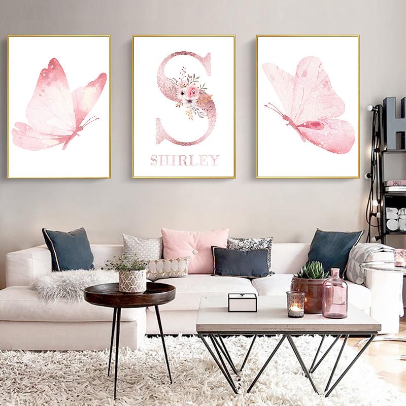 

Скандинавская девушка, бабочка, цветок, розовое имя, художественный принт, холст, картина, постер, настенные панно для девочек, украшения спальни, картины