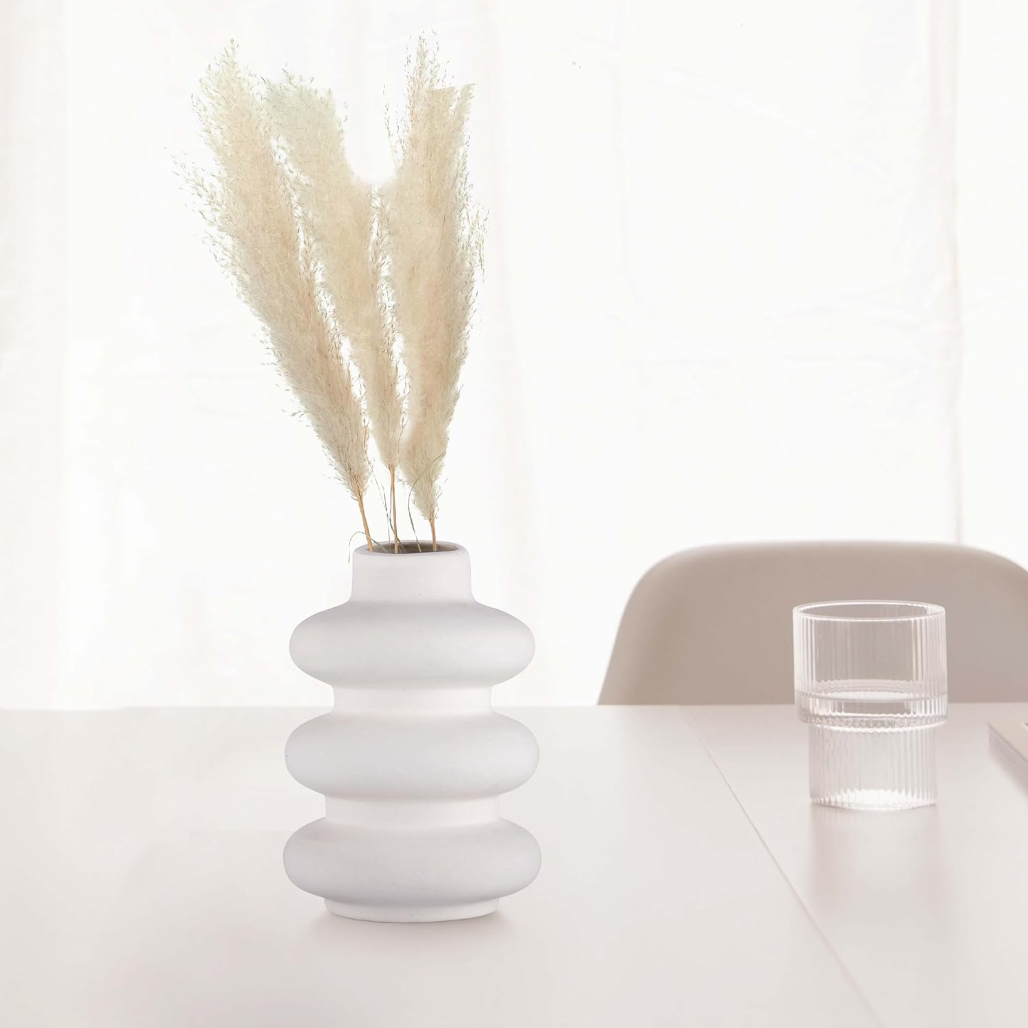 

Керамическая ваза с тремя кольцами 7 дюймов - набор из 1 шт. | Декоративная ваза с тремя кольцами для сухоцветов и пампасной травы | Вазы для домашнего декора, новые белый