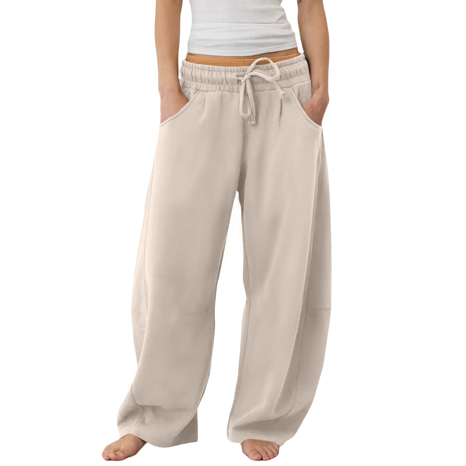 

Женские спортивные брюки Barrel Leg с эластичной талией и завязками на талии, повседневные брюки-палаццо из хлопка с карманами L хаки