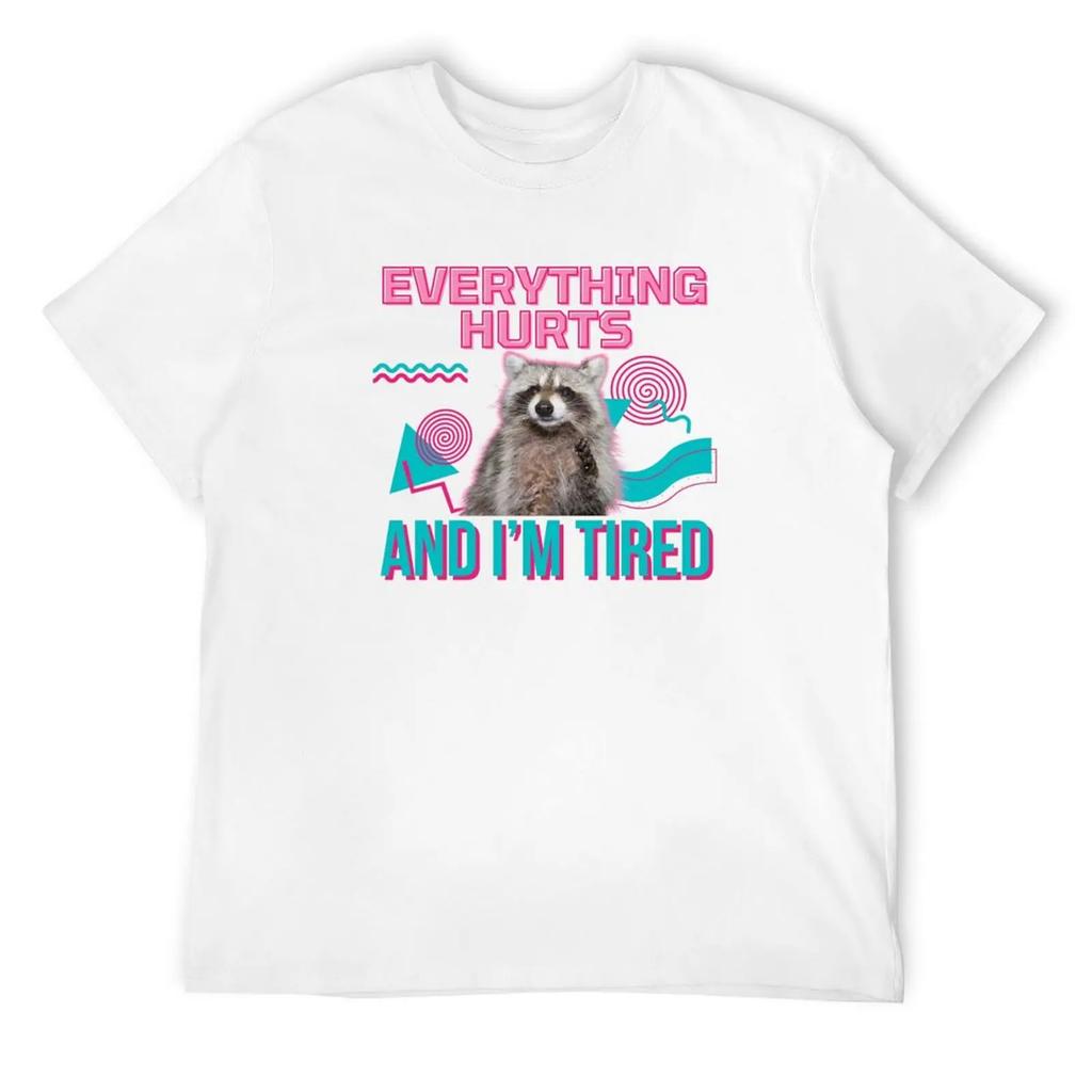 Everything Hurts And I’m Tired Funny Raccoon T-Shirt blue archive vintage clothes Men's clothing