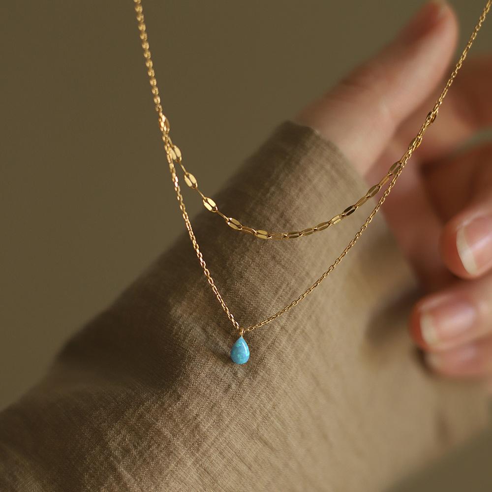 Mihmily Brand-blue Teardrop Glitter Double-layer Necklace, Simple and Fashionable Personality