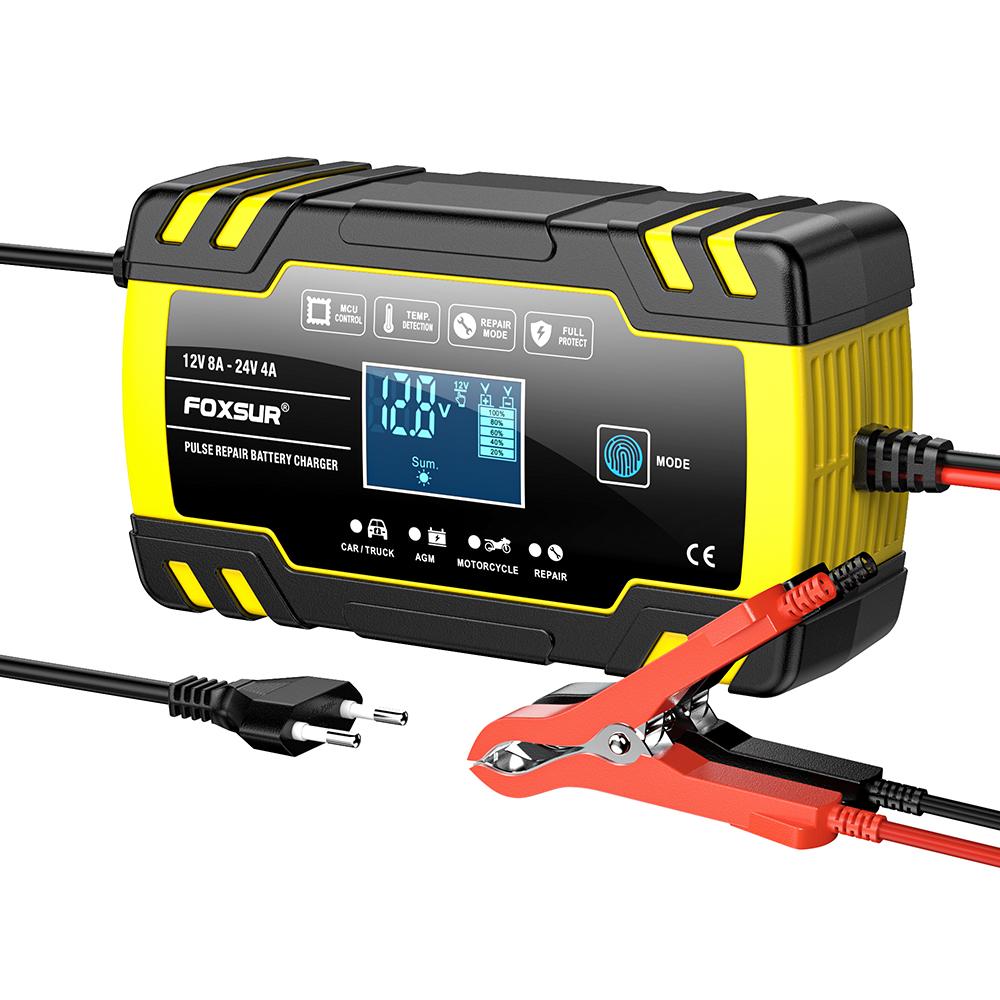 12V/8A 24V/4A Full Automatic Car Battery Charger Pulse Repair FOXSUR Car Motor Truck AGM Lead-acid LCD Display Automatic Battery Charging FBC122408D