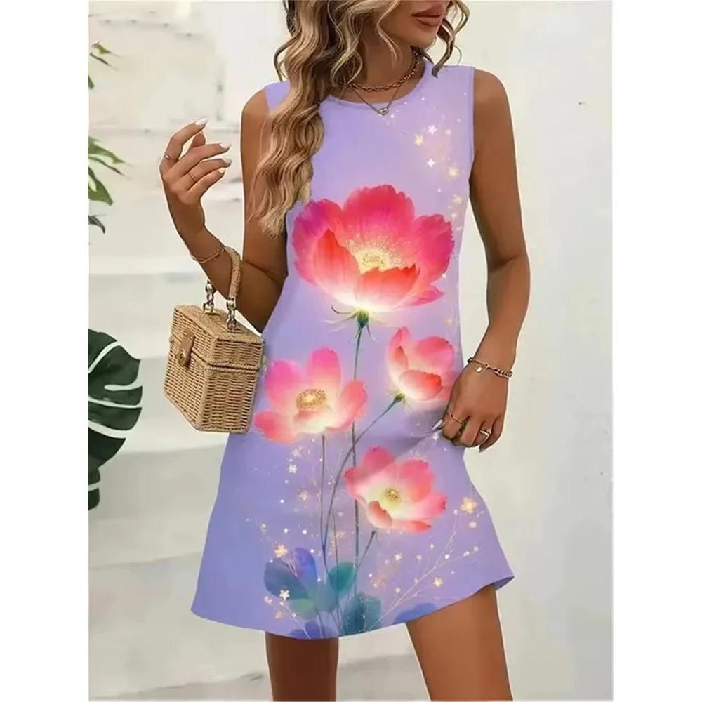Women's Summer Sleeveless Floral Print Dress Casual Pocketless Plus Size Fashionable Loose Breathable Dress