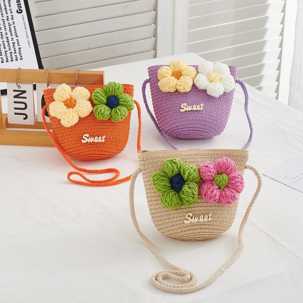 Cute Zipper Straw Bag Flower Princess Summer Beach Coin Purse Handmade Woven Storage Basket Kids