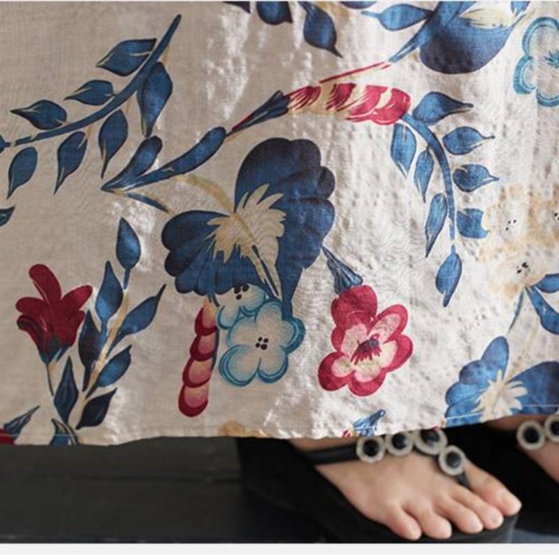 Johnature Woman Spring Casual V-Neck Vintage Print Dress Fashion Chinese Style Short Sleeves Dress