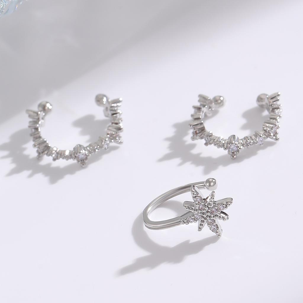 2026 New zircon octagram three-piece set of ear clips, no ear piercings, mango super flash set, ear bone clips and earrings.
