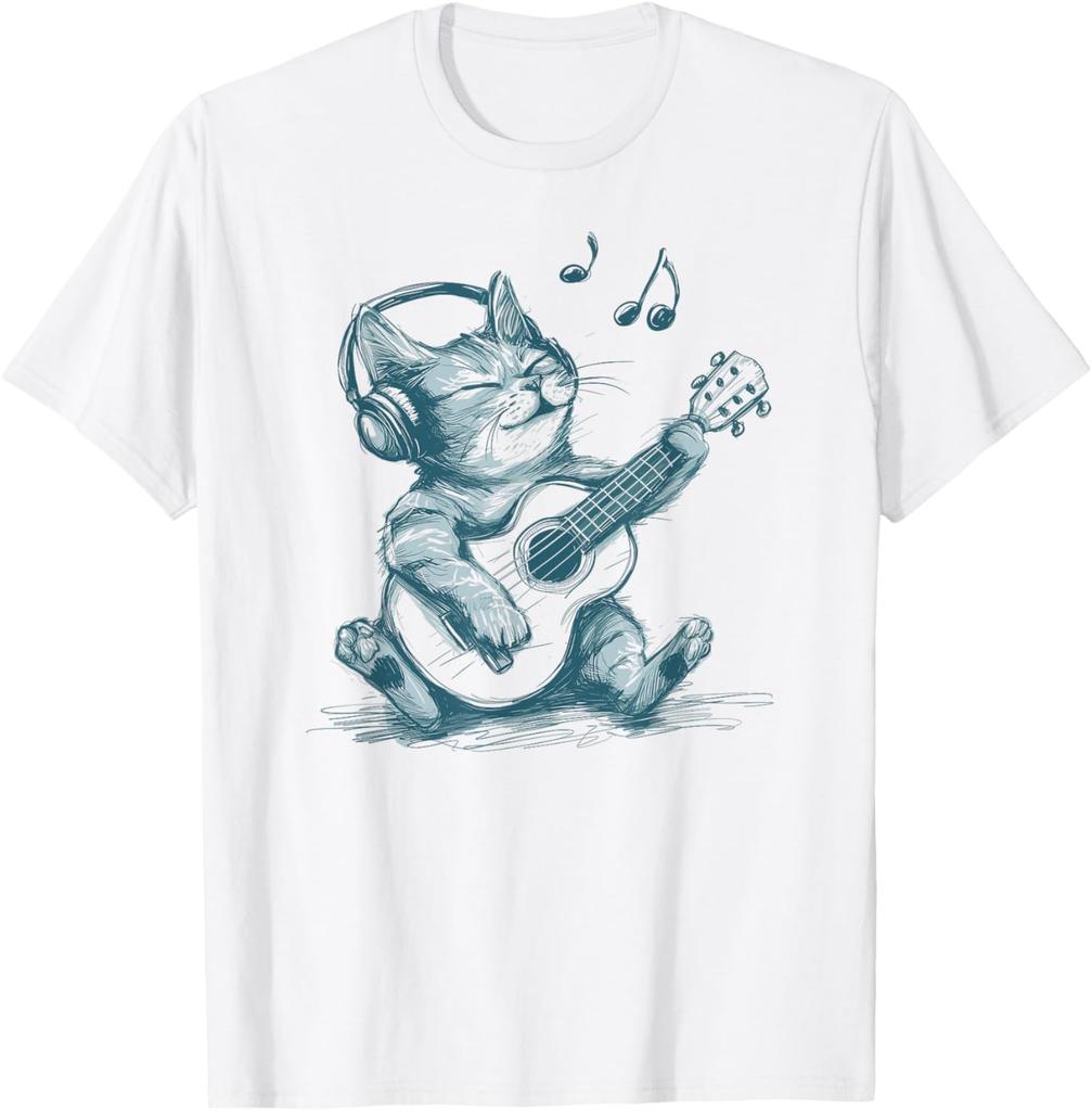 Vtipná Kytarová Kočka Rock Humorný Milovník Koťat Kočka Hrající na Kytaru Tričko Grafické Tričko Roztomilá Hudební Rock Komiksová Koťátka Oblečení Dárek