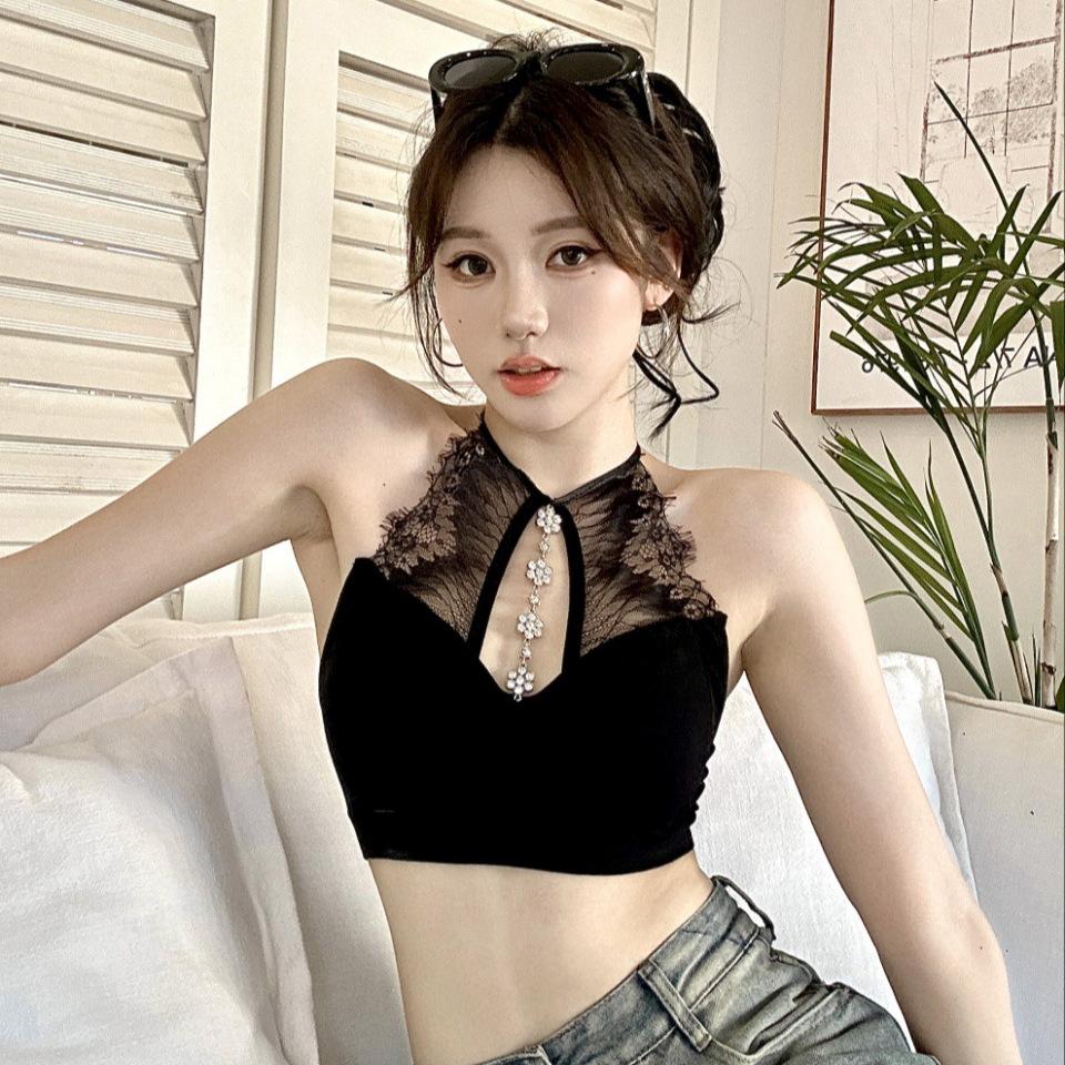 #Summer new pure desire sexy diamond chain lace splicing chest wrap inner and thin female integrated with chest pad