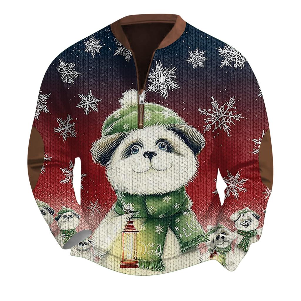 Mens Christmas Sweater Zip Up Sweatshirts Vintage Knit Graphic Sweatshirt Xmas Stand Collar Pullover