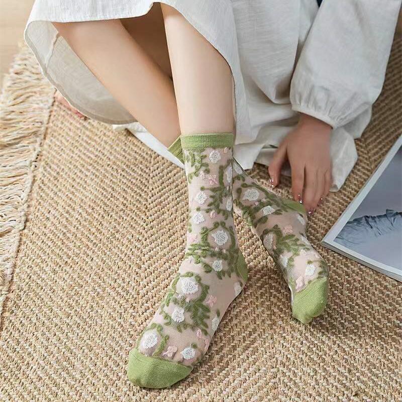New Women Ladies Sock Fashion Sheer Mesh Glass Silk Socks Ultrathin Transparent Crystal Lace Fabulous Elastic Summer Flower Sock
