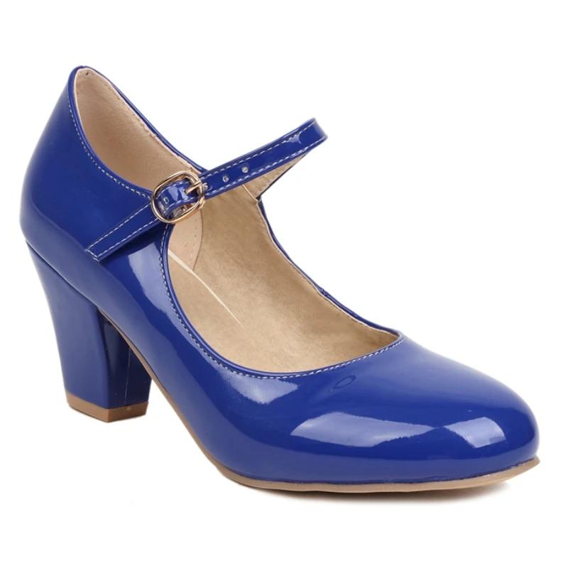 Women's Block High Heels Pumps Big Size 45 Lolita Mary Jane Shoes Elegant Black Red Pink Blue Heeled Office Wedding Shoes Ladies