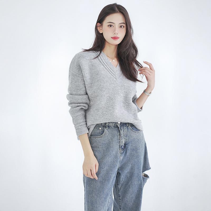 Women's Fluffy Grey Sweetheart Neck Sweater Jacket - Loose Fit Autumn/Winter Outerwear