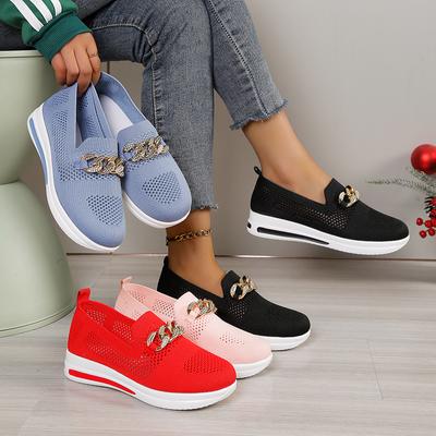 Sneakers da donna alla moda, casual, con fibbia in metallo, punta tonda, suola spessa, antiscivolo, taglie forti, in rete, traspiranti, da donna