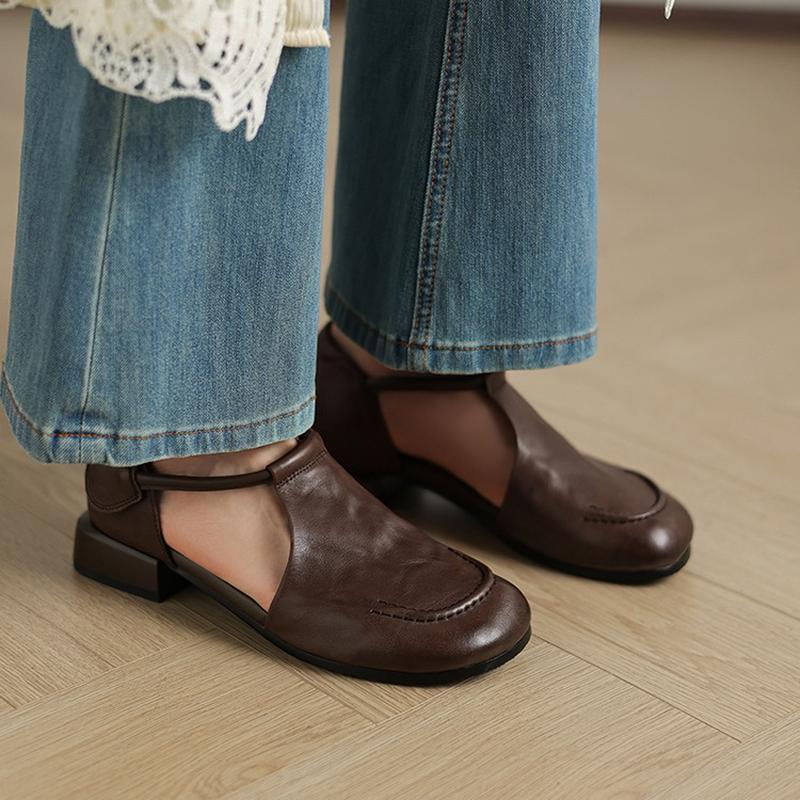 Fashion NEW Summer Women Sandals Genuine Leather Shoes for Women Round Toe Low Heel Shoes Soft Daily Shoes Cover Toe Cover Heel Sandals
