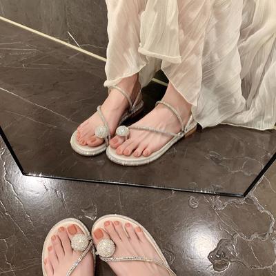 Spot Second Hair! Fashion Versatile New Two-wear Pigeon Egg Rhinestone Cover Toe Strap Flat Sandals Women's Slippers Summer