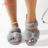 Fashion Aphixta New Warm Winter Double Size Pearl Crystals Women Slippers Furry Open Toe Shoes Indoor Flat Heel Hair Slides Big Size 43