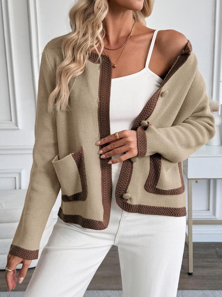 Retro Color Block Knitted Cardigan - Women's Autumn Style Sweater Coat