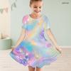 Girls Round Neck Short Sleeve A Line Dress Pastel Rainbow Glitter Printed Flared Hem