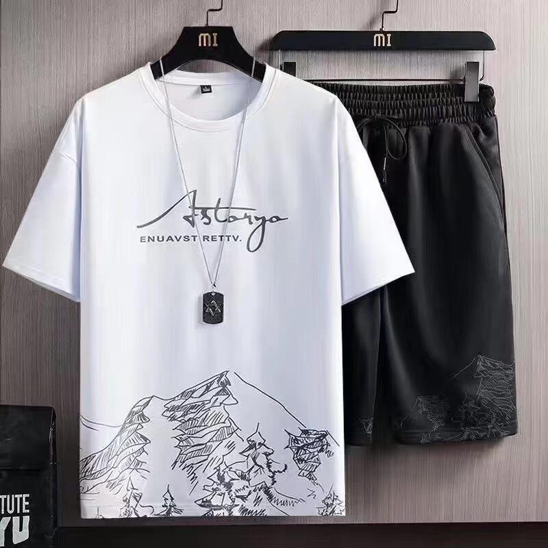 Men's Trendy Summer Ice Silk Two-Piece Set: Casual Short Sleeve T-Shirt and Shorts