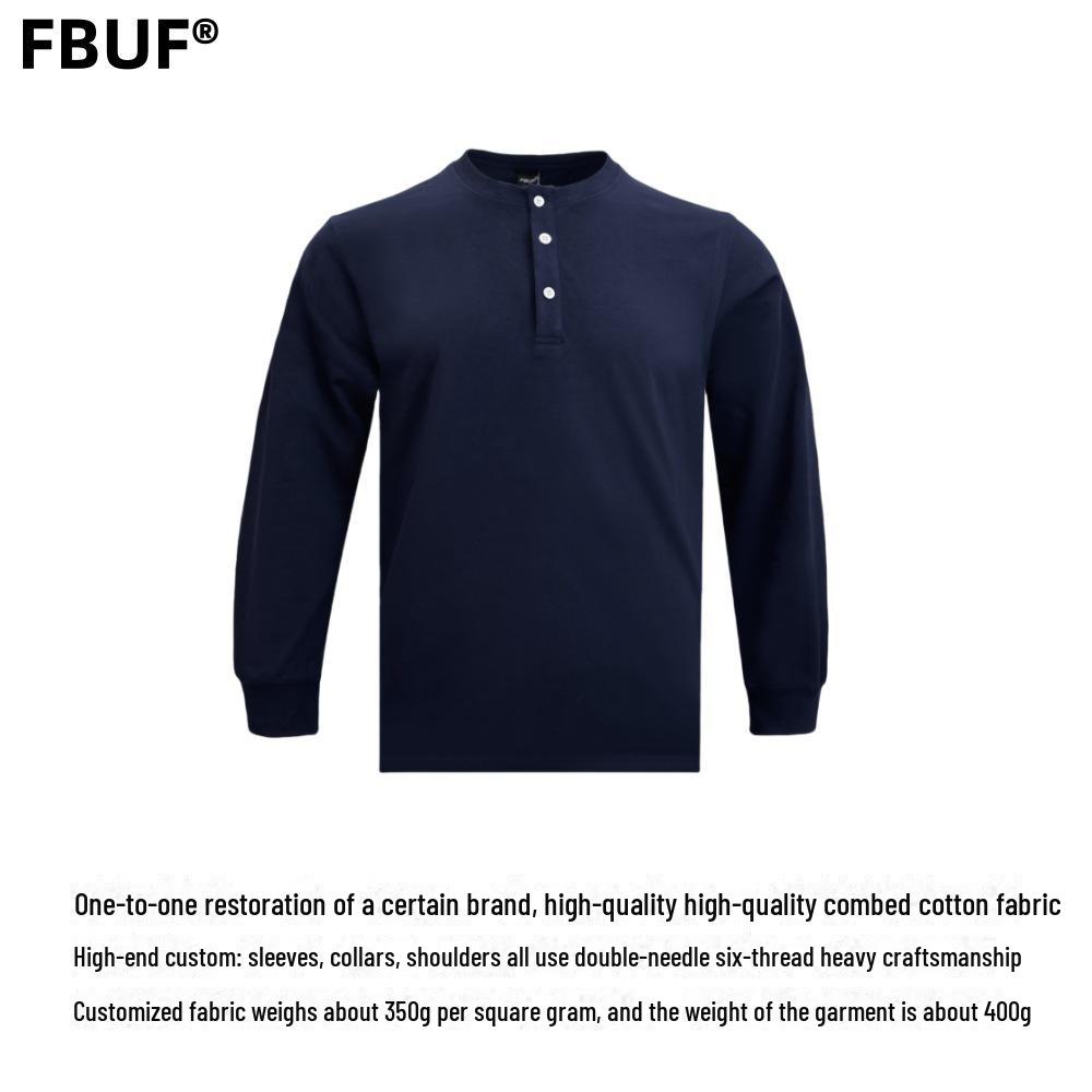 Men's Slim Fit Khaki Henley: 320g Cotton, Long Sleeve, Retro Style for Autumn
