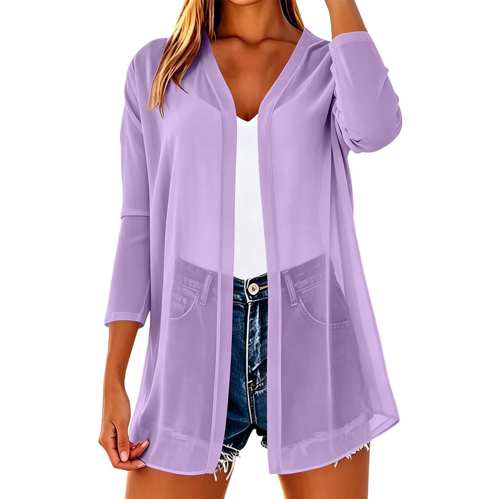 Women s Lightweight Chiffon Cardigan 3/4 Sleeve Loose Fit Summer Open Front Jacket S