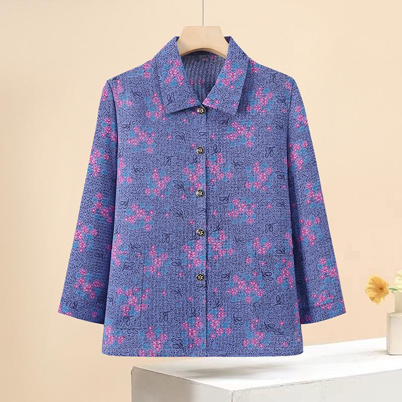 

Breathable Grandma-Style Cardigan for Middle-Aged Women: Comfortable Summer Lapel Top 3XL (recommended for 60-70kg) цветочный/синий