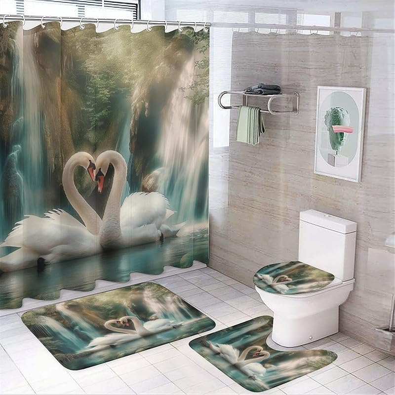 Balkabağı Kartalı Duş Perdesi Setleri Halılarla 4 Parça, Banyo Tuvalet Banyo Paspası için Dekor, 3D Baskı, Mavi Soyut Yabani Hayvan Vatansever Kuş Polyester