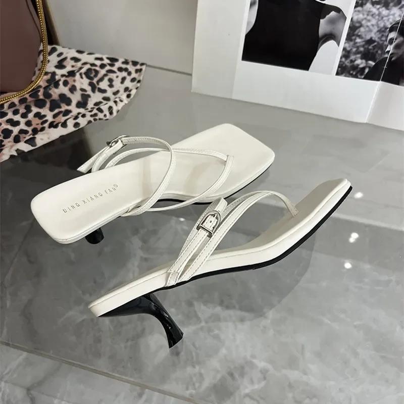 Summer Narrow Band Heel Sandals Women Low Heels Ankle Strap Fashion Square Toe Ladies Dress Sandalias Women's Flip