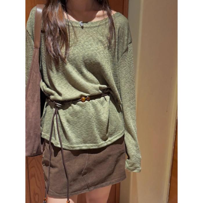 

[9 polyester elastane] Three-color large neckline knitted lazy wind long-sleeved solid color T-shirt for women s autumn versatile micro-transparent 2XL зелений