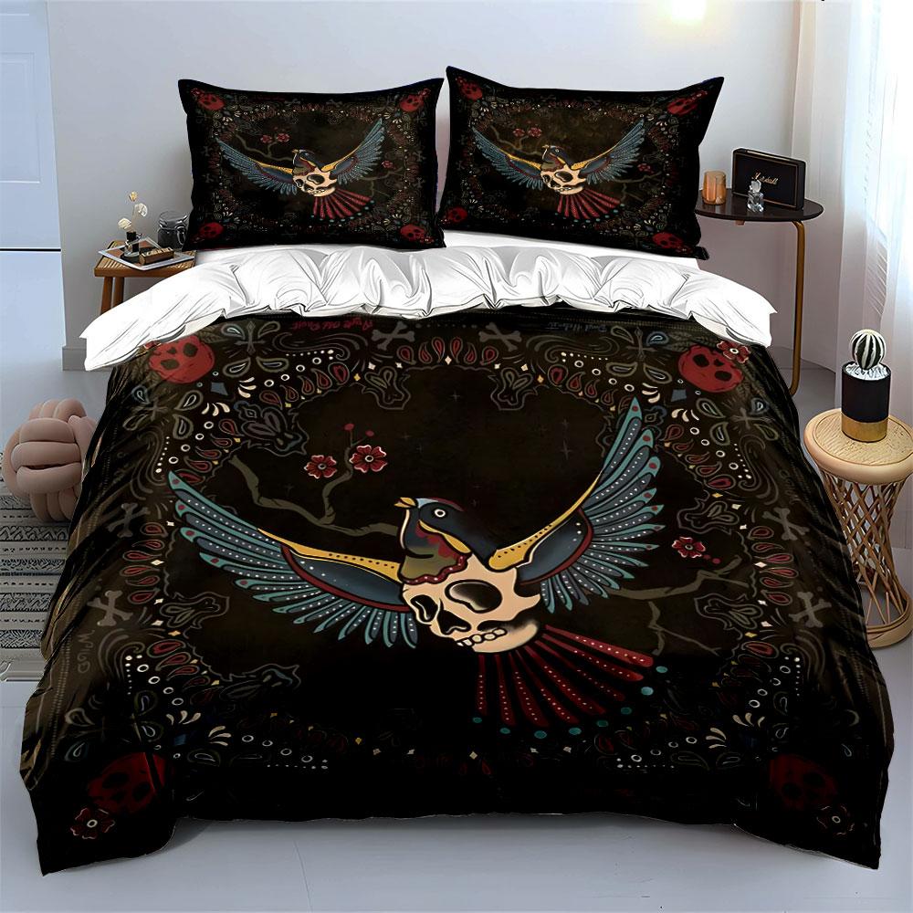 Stylish Skull Bird Decor Set Exquisite Three-Piece Bedding Set Gift For Kids And Adults