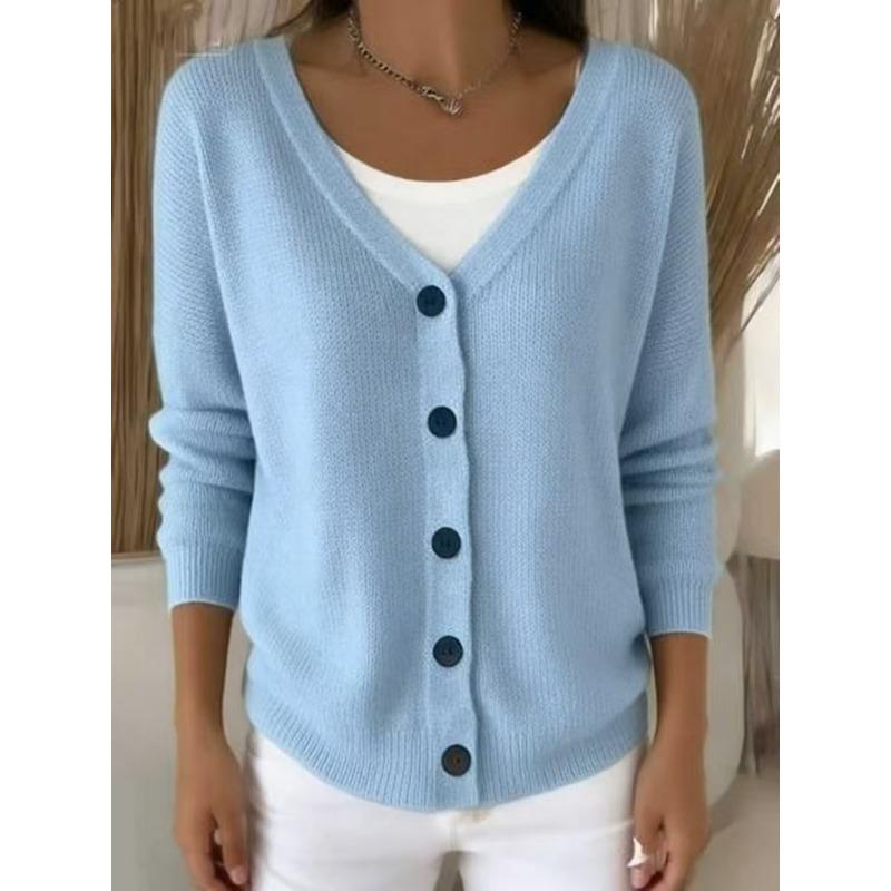Damen einfarbiger V-Ausschnitt einreihiger Cardigan mit langen Ärmeln locker gestrickt lässiger Pullover Mantel