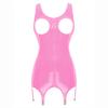 Women Open Cup Patent Leather Mini Dresses with Garter Clips Sleeveless Zipper Hollow Out Dress Wet Look Party Clubwear