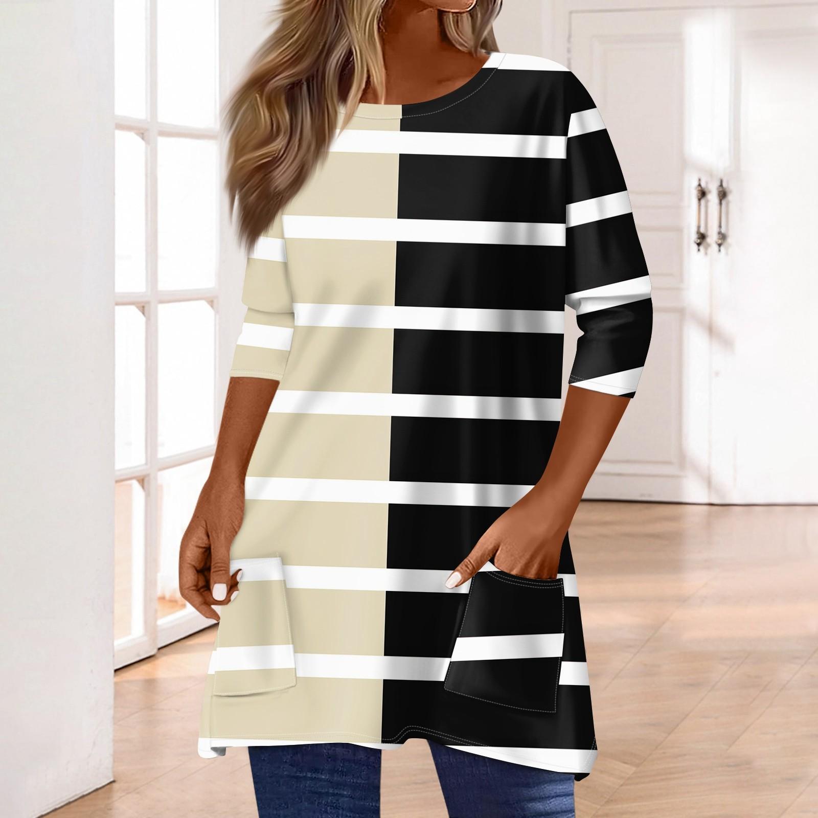 

3/4 рукава кармана топы для женщин футболка повседневный принт средней длины топы футболка круглый вырез пуловер блузка L бежевый