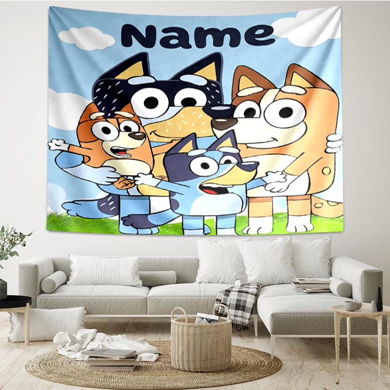 Custom Name Bluey Print Tapestry, Backdrop, Easy Setup, Ideal for Bedroom, Office & Living Room, with Aesthetic Wall Hanging Decor.