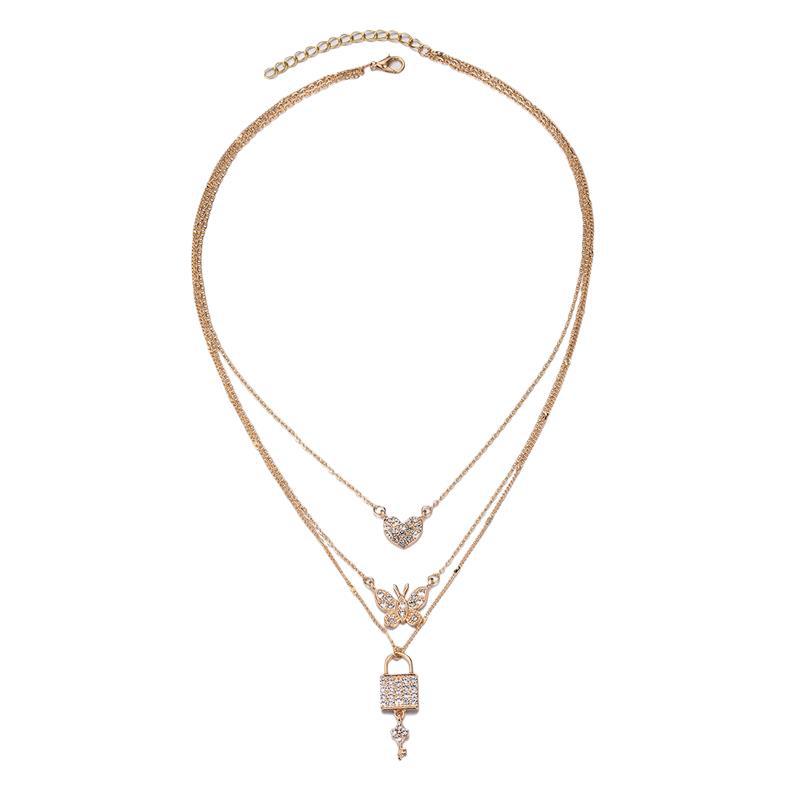 Butterfly love necklace European and American new personalized jewelry key pendant multi-layer women's street shot crystal sweater chain