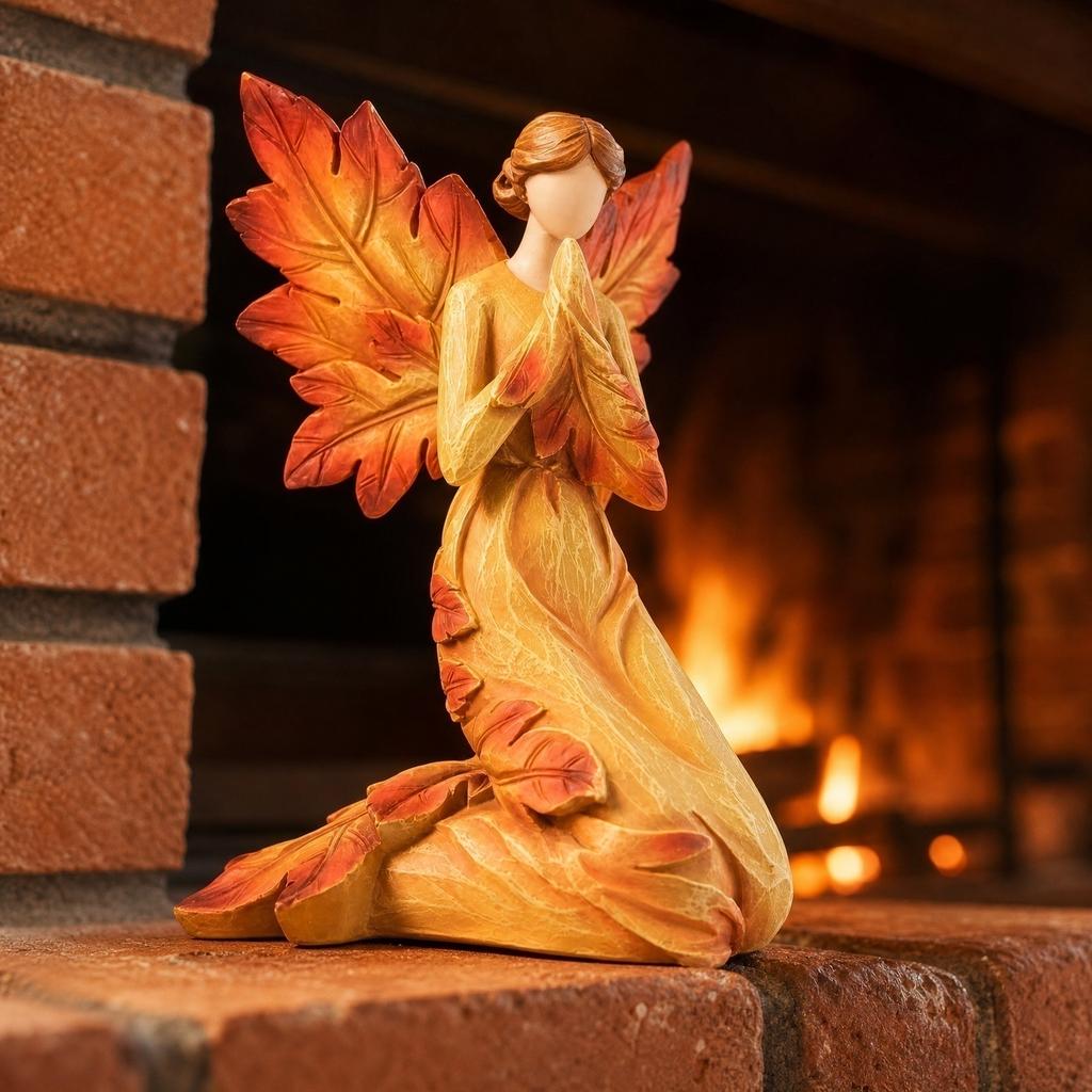 Autumn Angel Resin Figurine Standing Decorative Sculpture with Leaf Wings and Flowing Dress for Home Office Display and Seasonal Decoration