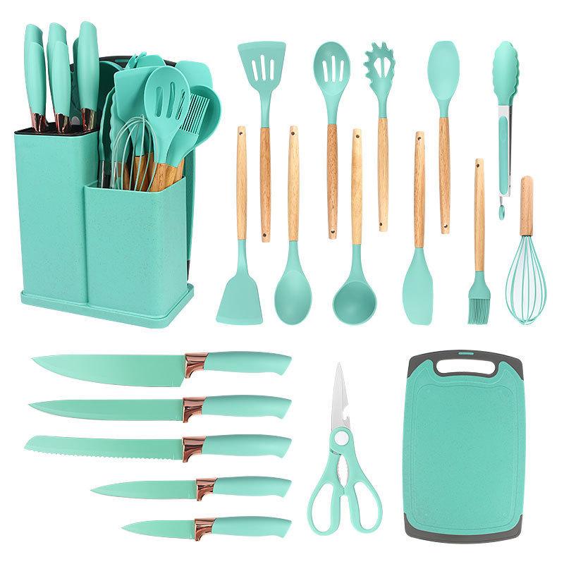19 Piece Silicone Kitchenware Set Cooking Utensil Set Wooden Handle Spatula Spoon Stainless Steel Knife Set with Storage Bucket