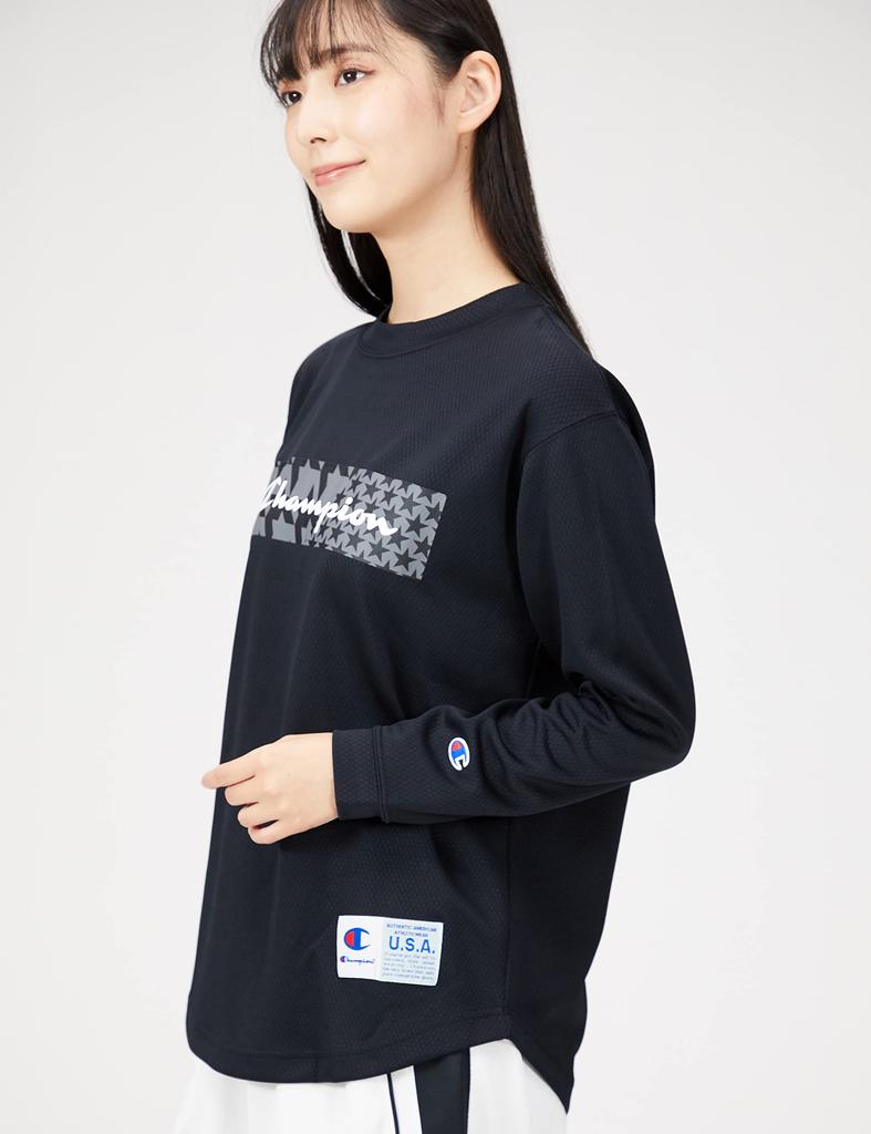 Champion Long Sleeve Crew Warm Script Size Women's T-Shirt, Neck, Logo, Black, XL, CW-WB454