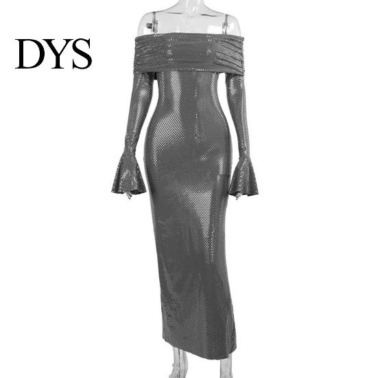 Bodycon Paillettenkleid Damen Abend Bateau-Ausschnitt Schulterfrei Lange Ärmel Schimmerndes Formelles Kleid Bronzefarben Trägerlos Abiball Cocktailparty Maxi